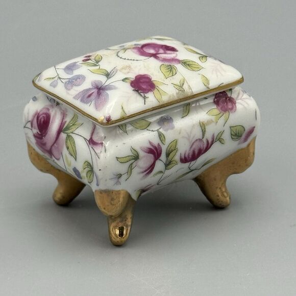 Vtg Footed Rectangle Trinket Box Lid Floral Vanity Glam Victorian Porcelain B141 - Picture 2 of 13